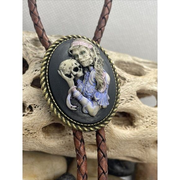 Valentine Til Death Do Us Part Sugar Skull Mexican Bolo Tie Skeleton Mens Women - Picture 5 of 15
